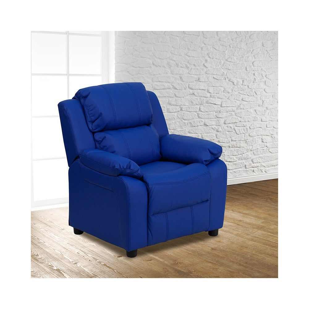 Deluxe Padded Contemporary Blue Vinyl Kids Recliner with Storage Arms