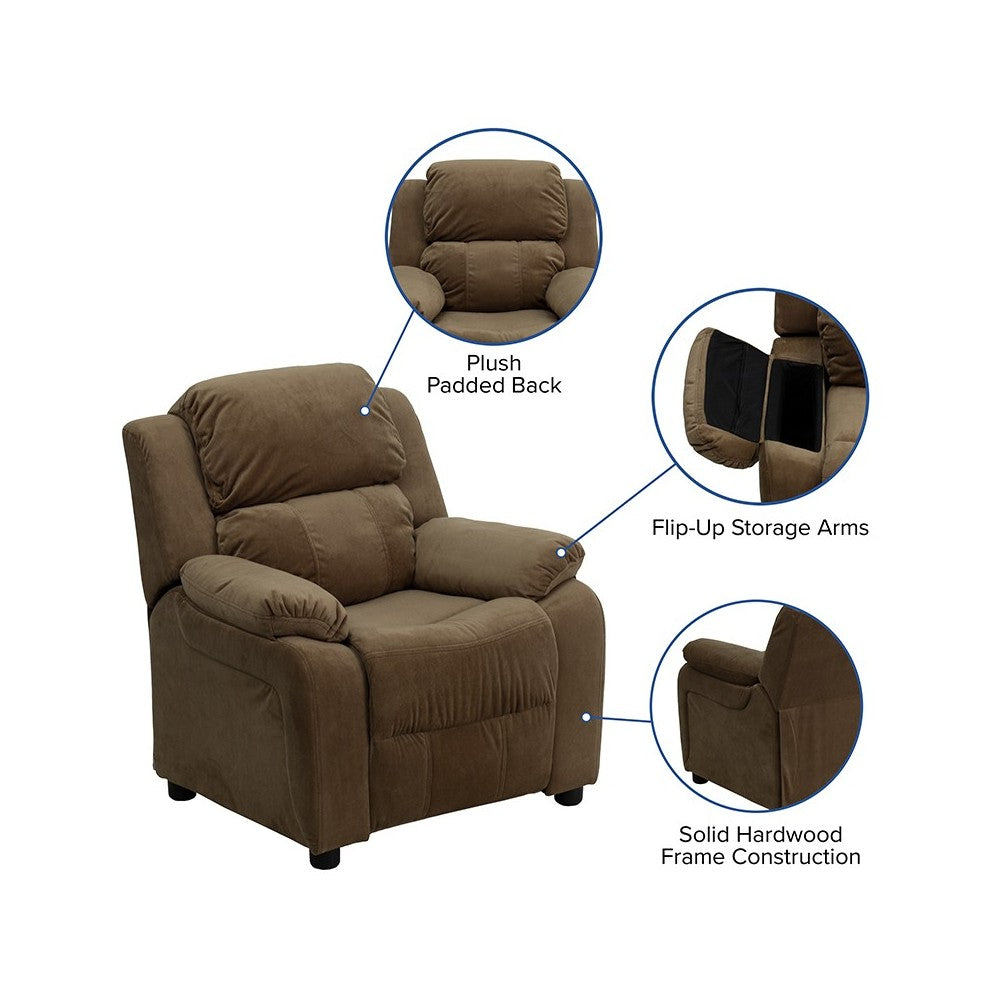 Deluxe Padded Contemporary Brown Microfiber Kids Recliner with Storage Arms