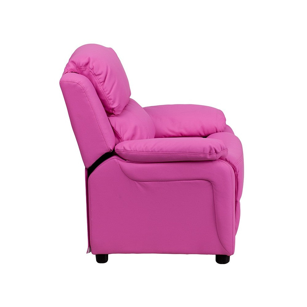 Deluxe Padded Contemporary Hot Pink Vinyl Kids Recliner with Storage Arms