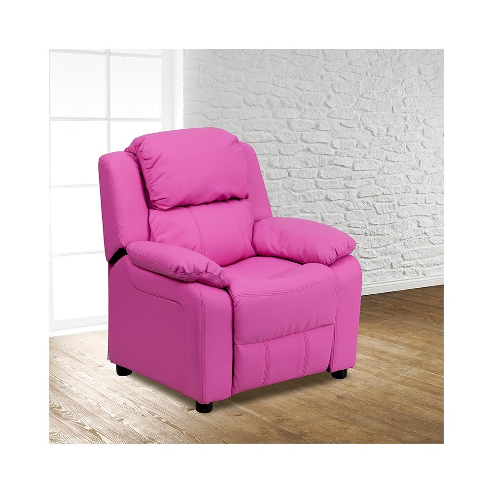 Deluxe Padded Contemporary Hot Pink Vinyl Kids Recliner with Storage Arms