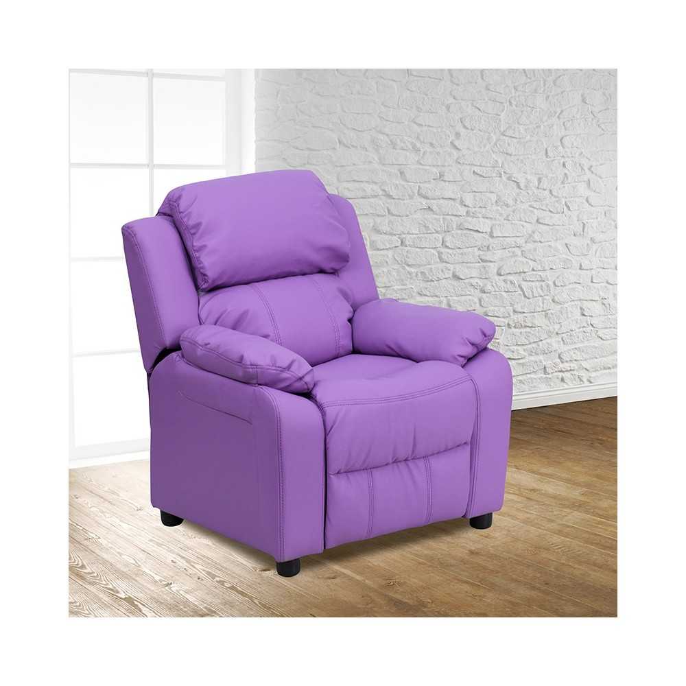 Deluxe Padded Contemporary Lavender Vinyl Kids Recliner with Storage Arms