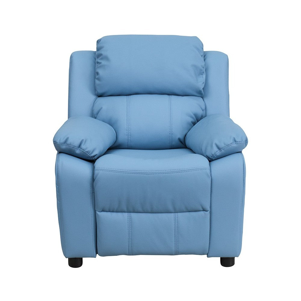 Deluxe Padded Contemporary Light Blue Vinyl Kids Recliner with Storage Arms