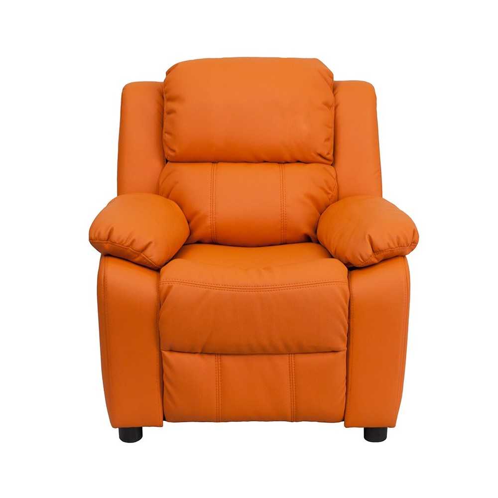 Deluxe Padded Contemporary Orange Vinyl Kids Recliner with Storage Arms