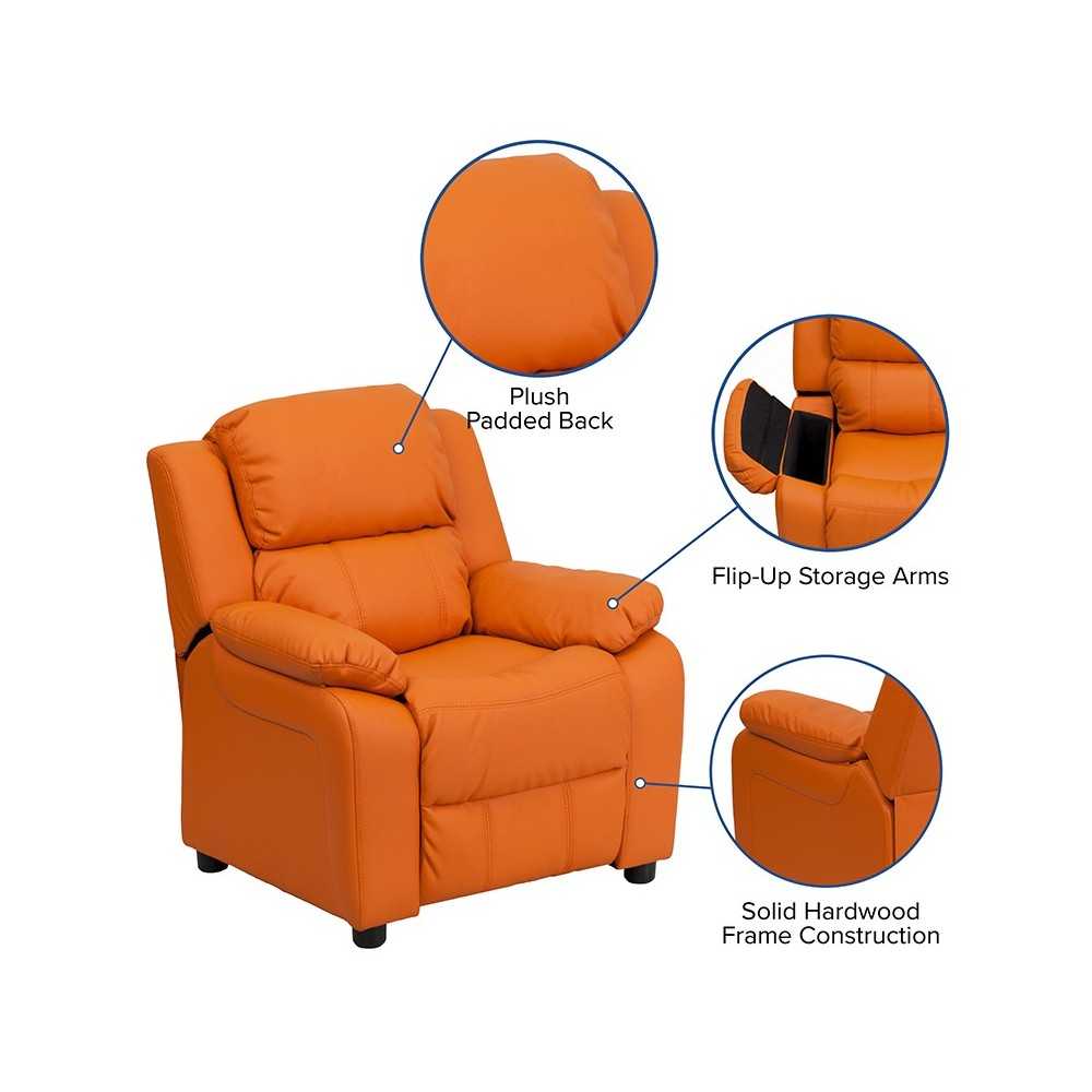 Deluxe Padded Contemporary Orange Vinyl Kids Recliner with Storage Arms