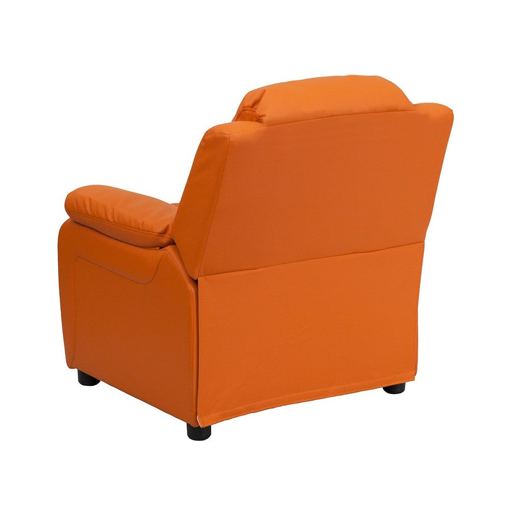 Deluxe Padded Contemporary Orange Vinyl Kids Recliner with Storage Arms