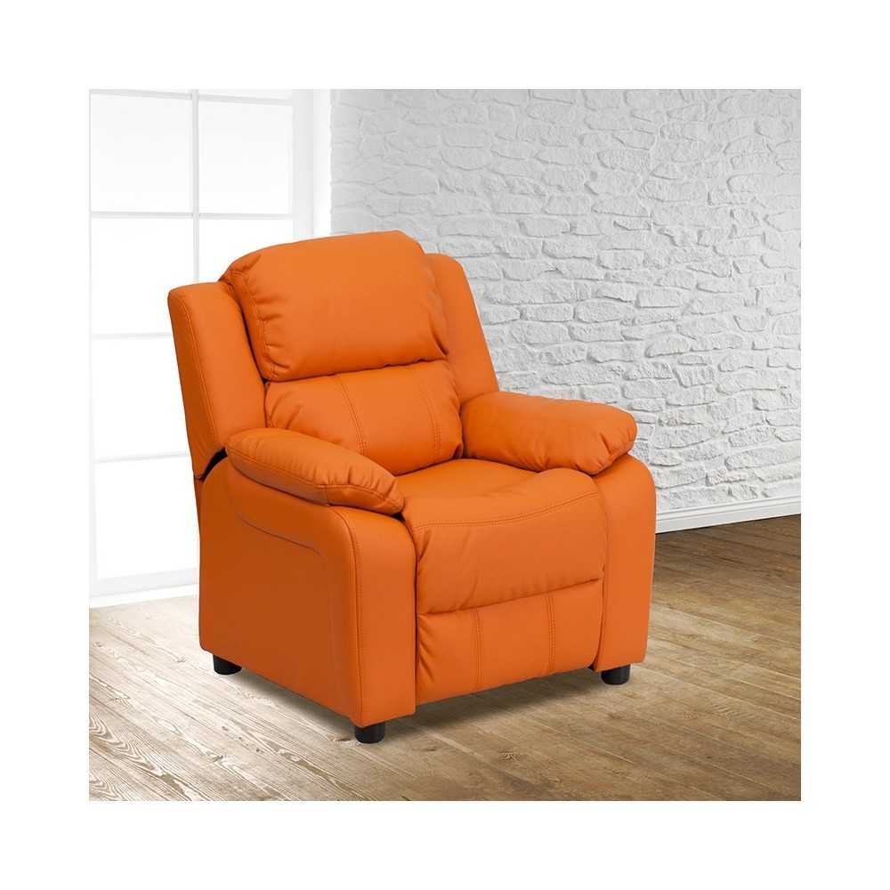 Deluxe Padded Contemporary Orange Vinyl Kids Recliner with Storage Arms