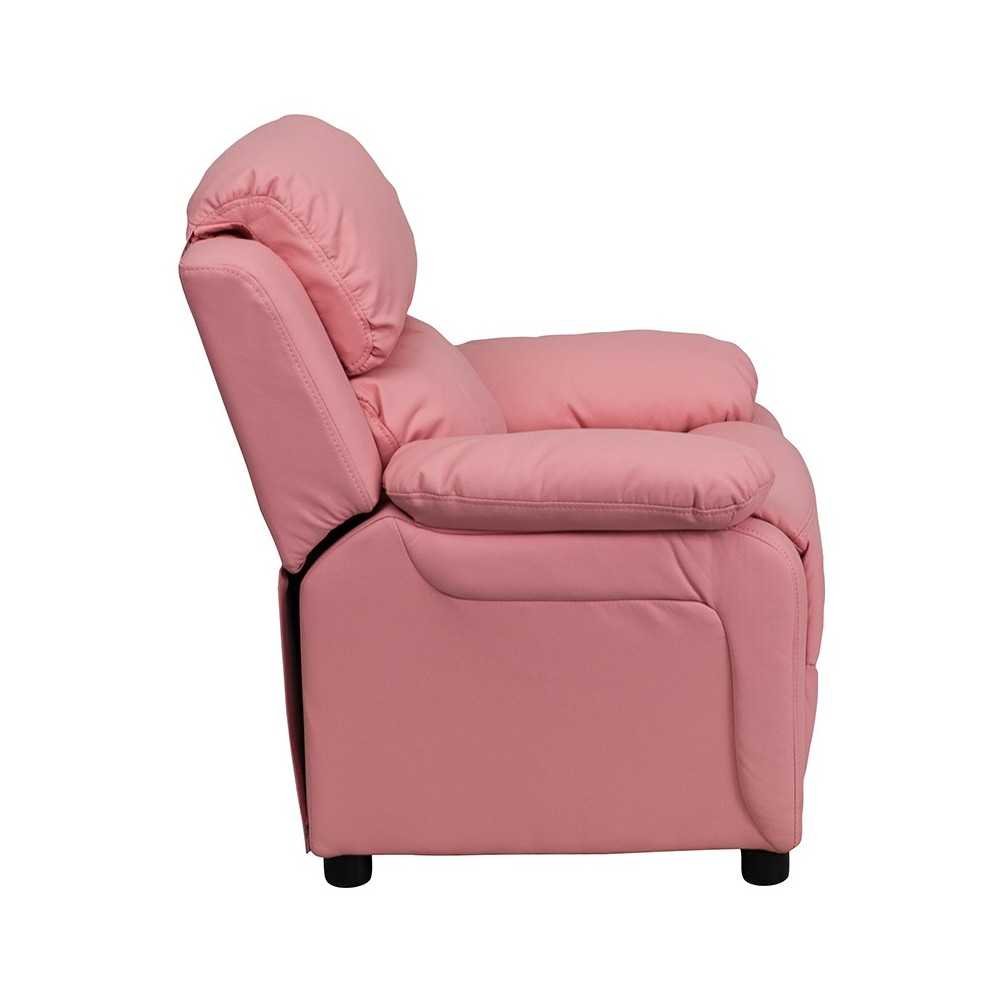Deluxe Padded Contemporary Pink Vinyl Kids Recliner with Storage Arms