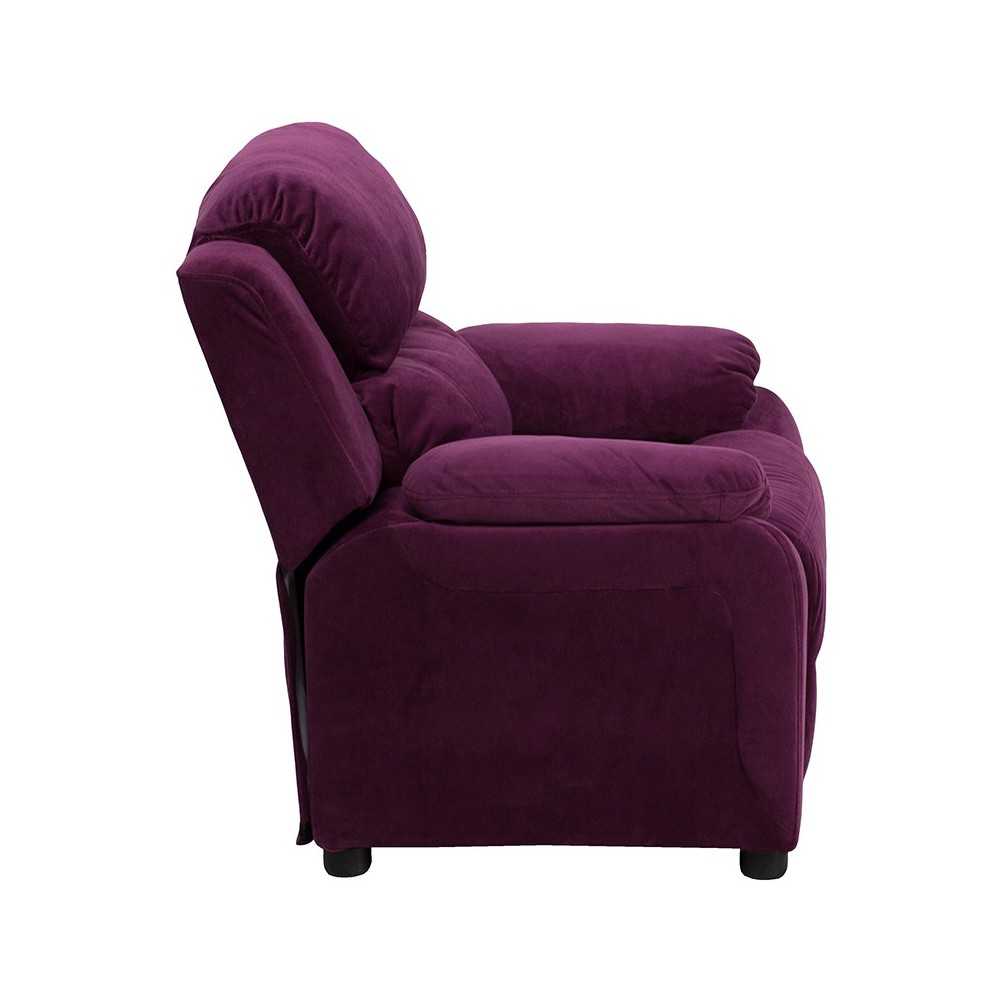 Deluxe Padded Contemporary Purple Microfiber Kids Recliner with Storage Arms
