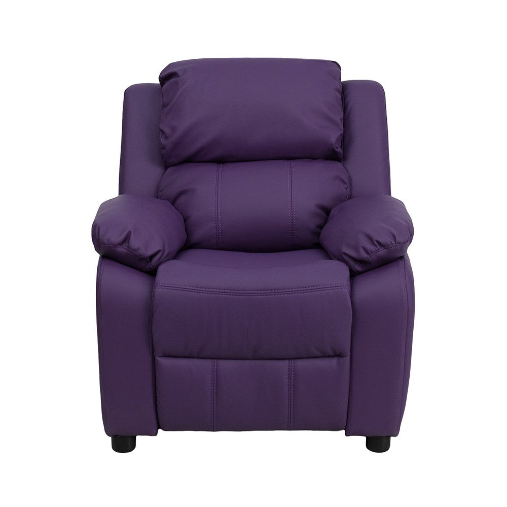Deluxe Padded Contemporary Purple Vinyl Kids Recliner with Storage Arms