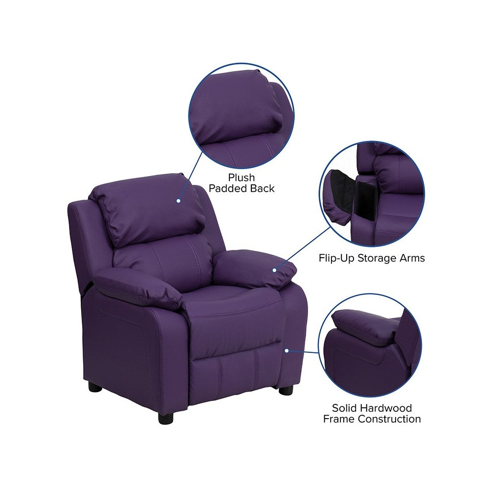 Deluxe Padded Contemporary Purple Vinyl Kids Recliner with Storage Arms