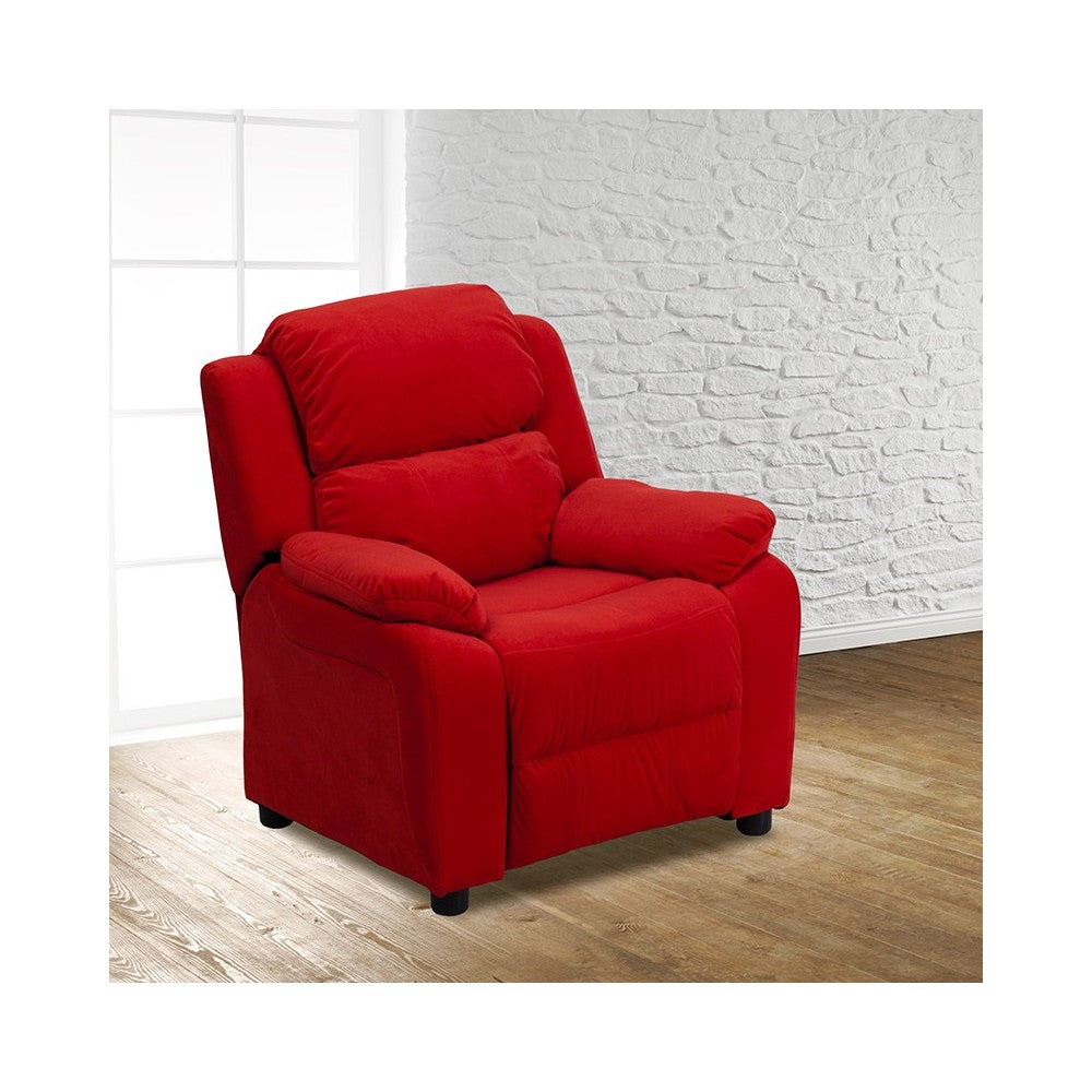 Deluxe Padded Contemporary Red Microfiber Kids Recliner with Storage Arms
