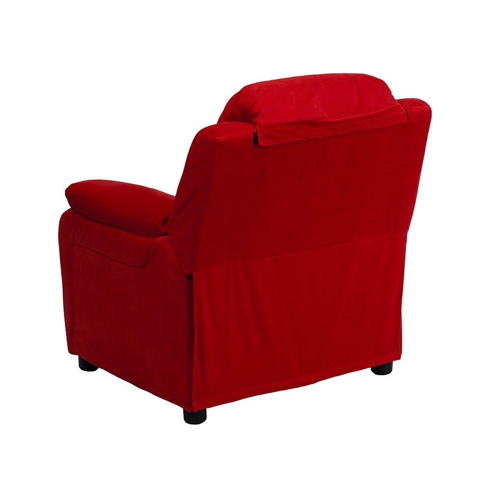 Deluxe Padded Contemporary Red Microfiber Kids Recliner with Storage Arms
