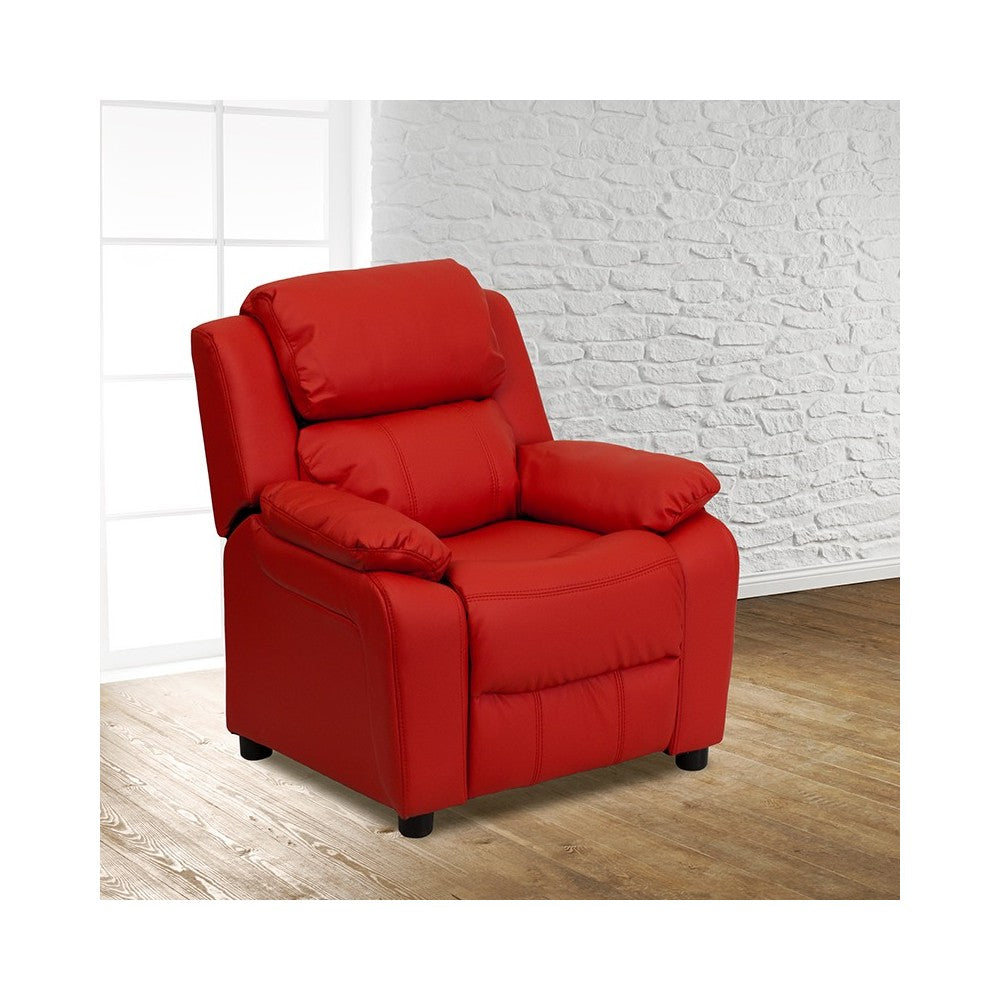 Deluxe Padded Contemporary Red Vinyl Kids Recliner with Storage Arms