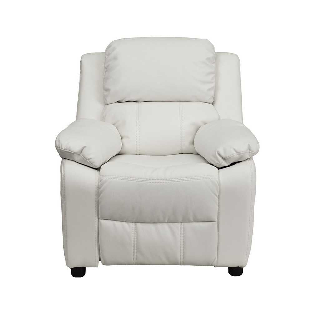Deluxe Padded Contemporary White Vinyl Kids Recliner with Storage Arms