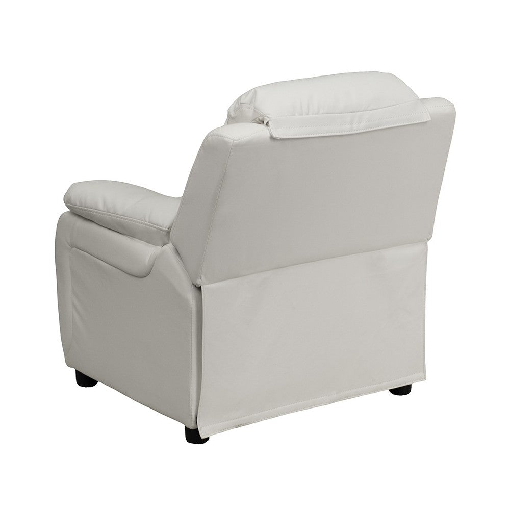 Deluxe Padded Contemporary White Vinyl Kids Recliner with Storage Arms