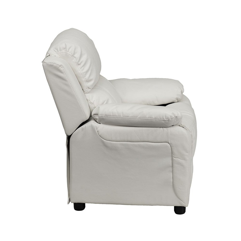 Deluxe Padded Contemporary White Vinyl Kids Recliner with Storage Arms