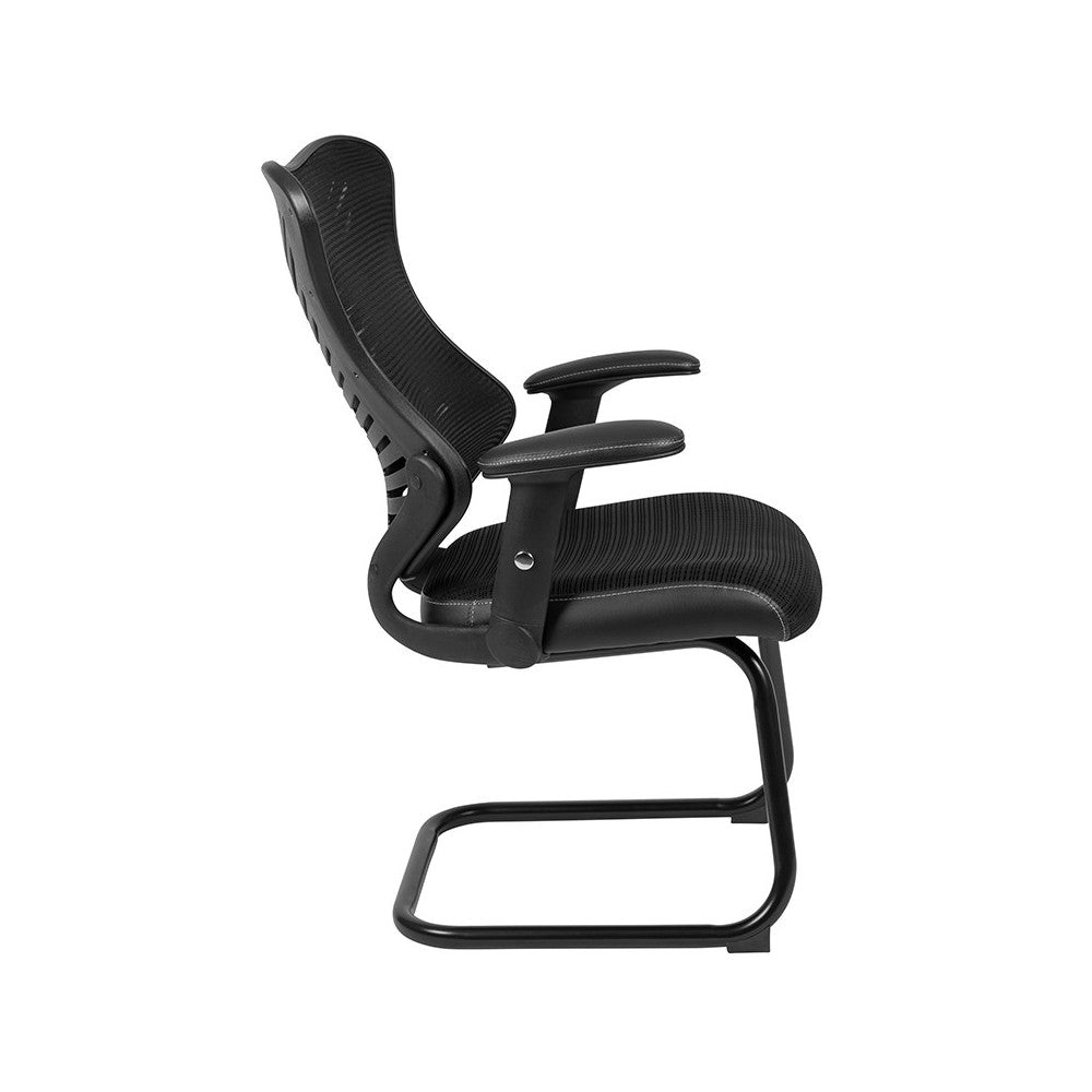 Designer Black Mesh Sled Base Side Reception Chair with Adjustable Arms