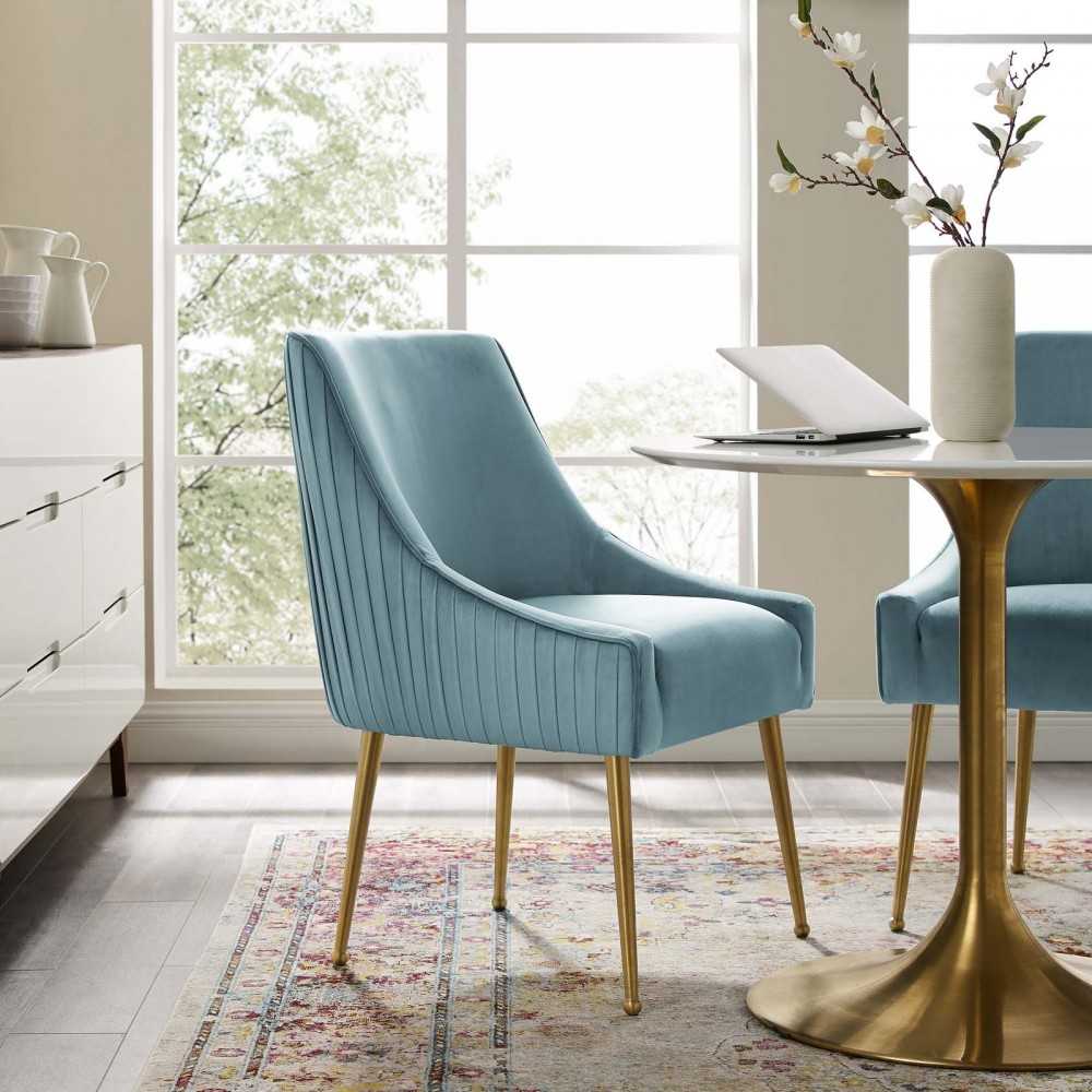 Discern Pleated Back Upholstered Performance Velvet Dining Chair, Light Blue