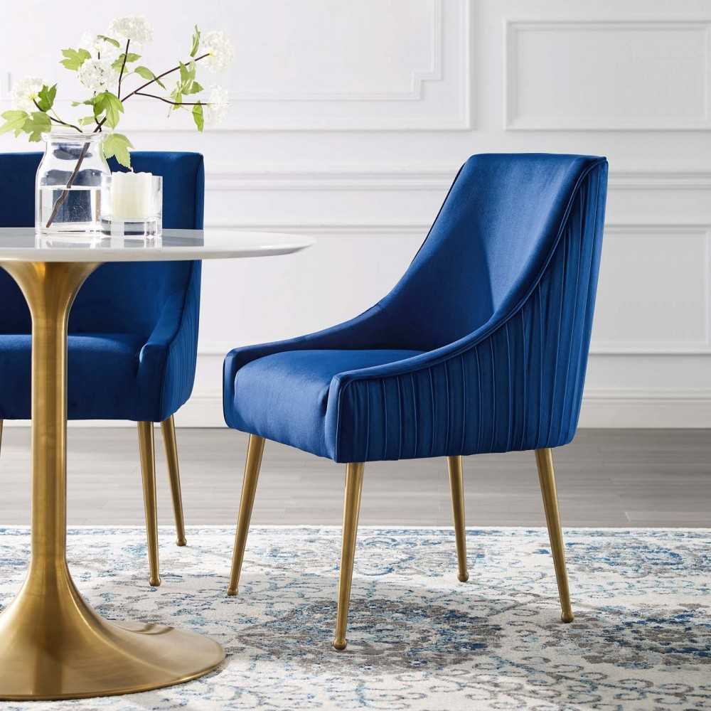 Discern Pleated Back Upholstered Performance Velvet Dining Chair, Navy