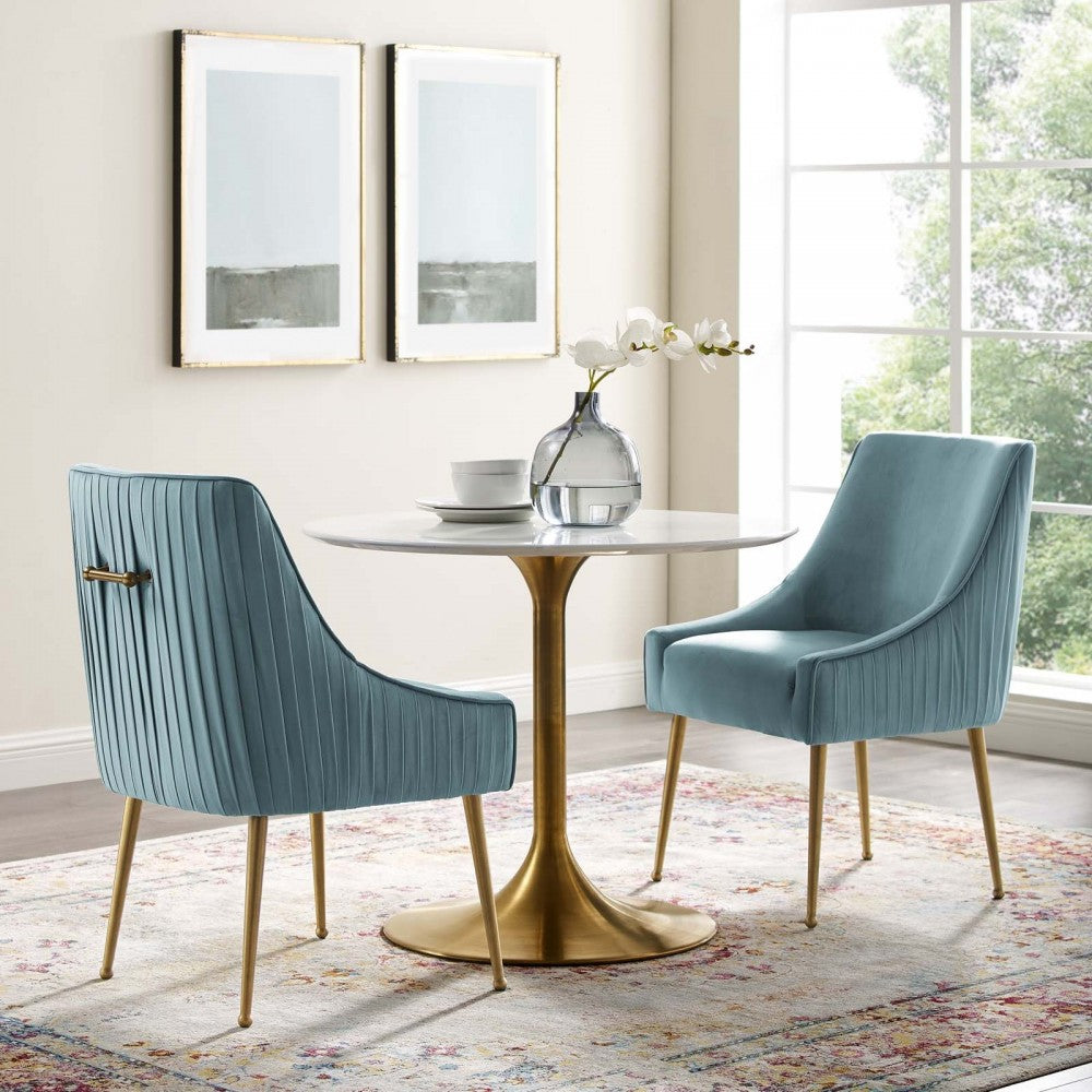 Discern Pleated Back Upholstered Performance Velvet Dining Chair Set of 2, Light Blue