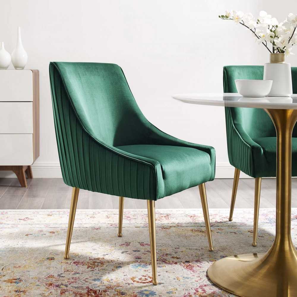Discern Pleated Back Upholstered Performance Velvet Dining Chair, Green