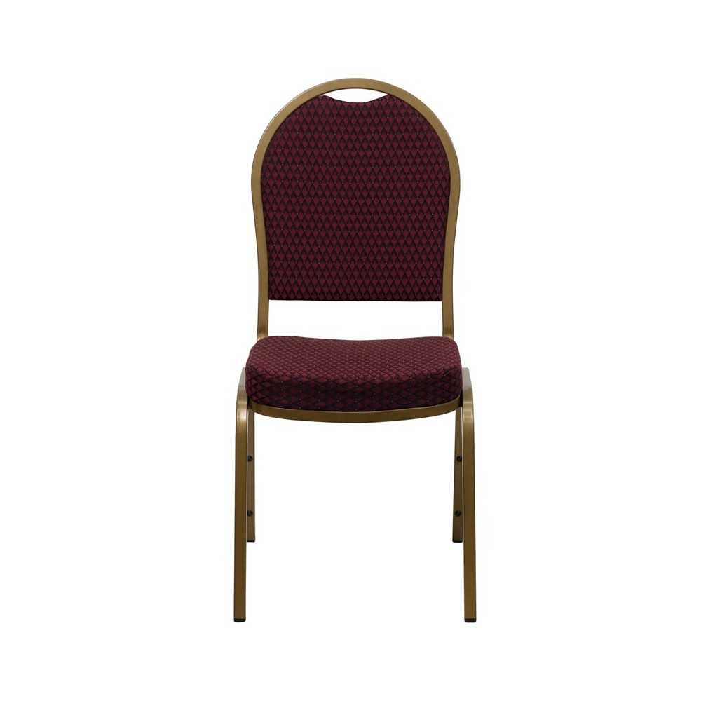 Dome Back Stacking Banquet Chair in Burgundy Patterned Fabric - Gold Frame