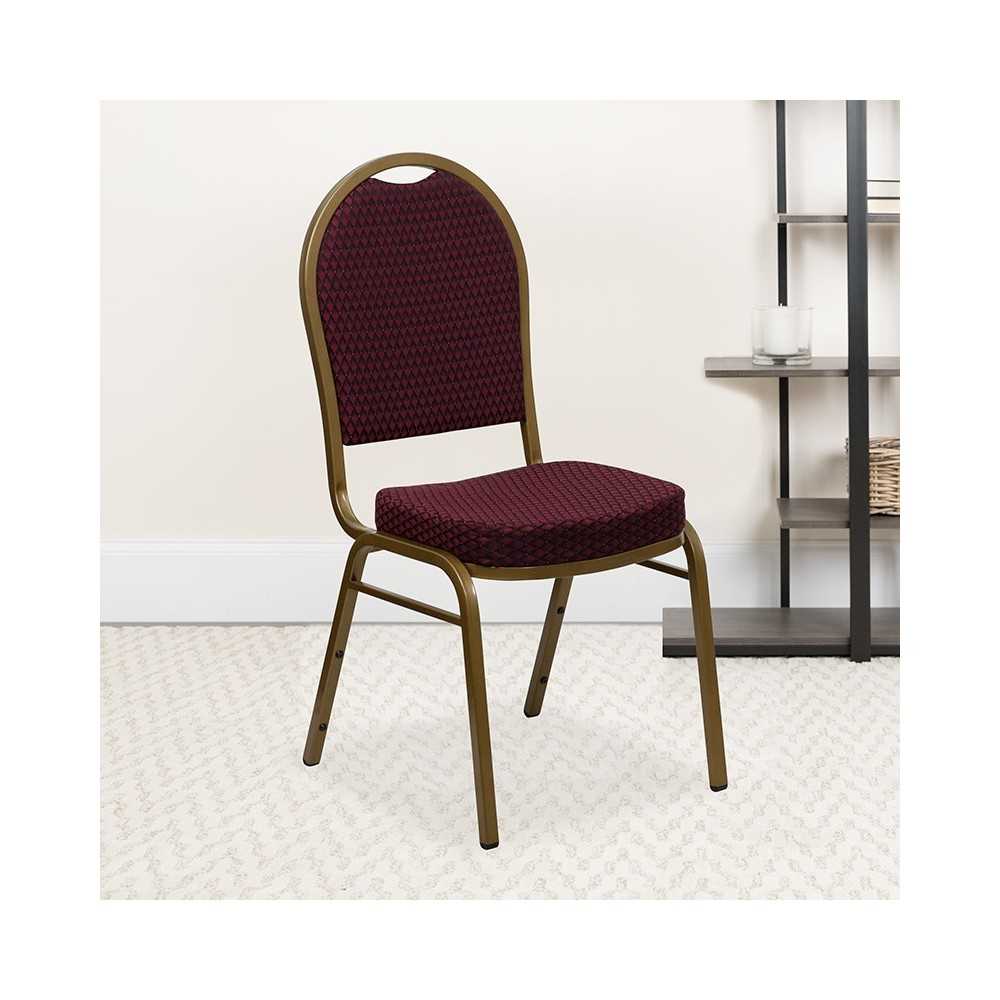 Dome Back Stacking Banquet Chair in Burgundy Patterned Fabric - Gold Frame