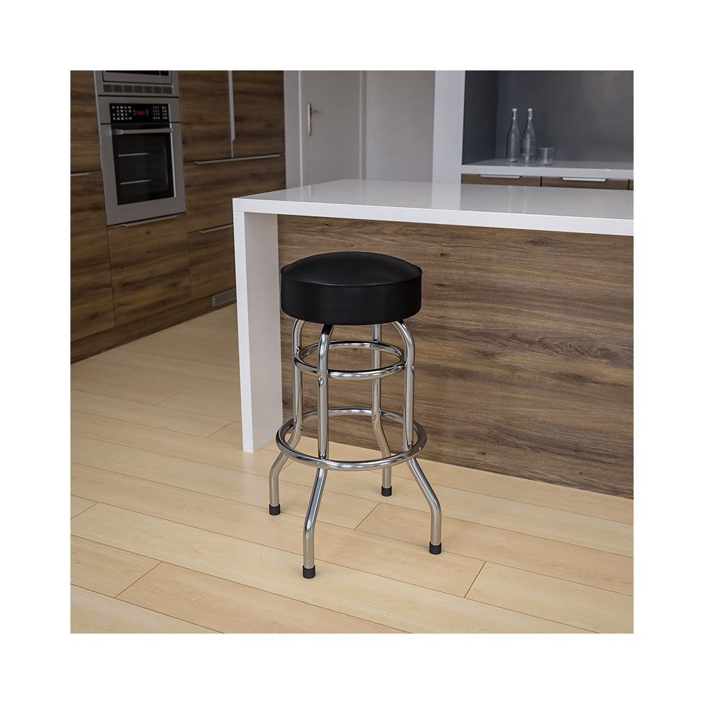 Double Ring Chrome Barstool with Black Seat