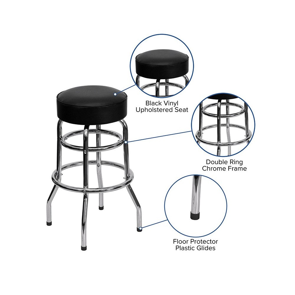 Double Ring Chrome Barstool with Black Seat