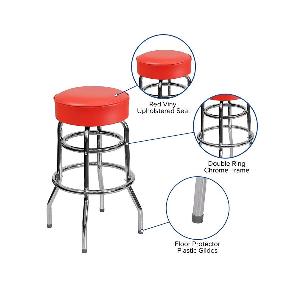 Double Ring Chrome Barstool with Red Seat