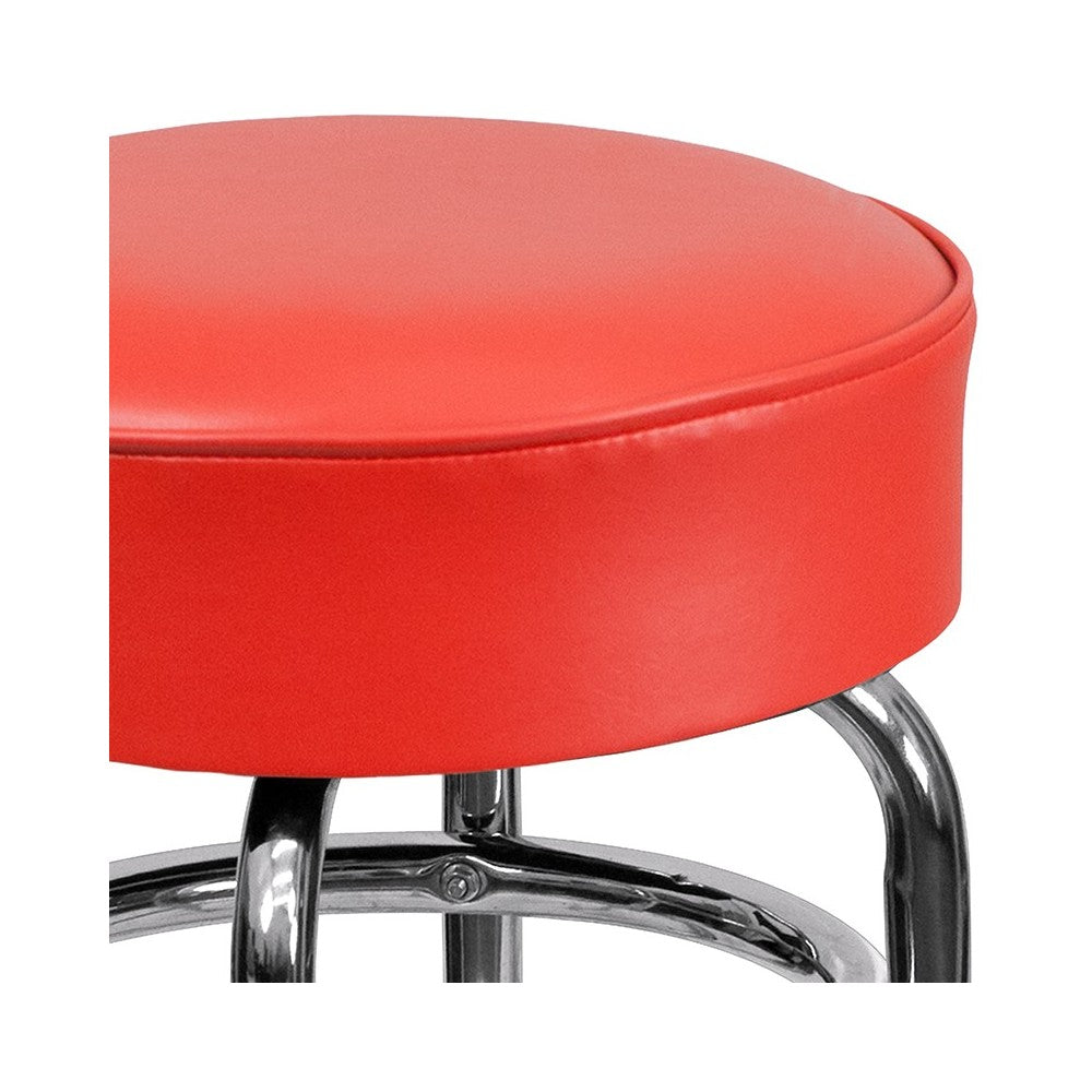 Double Ring Chrome Barstool with Red Seat