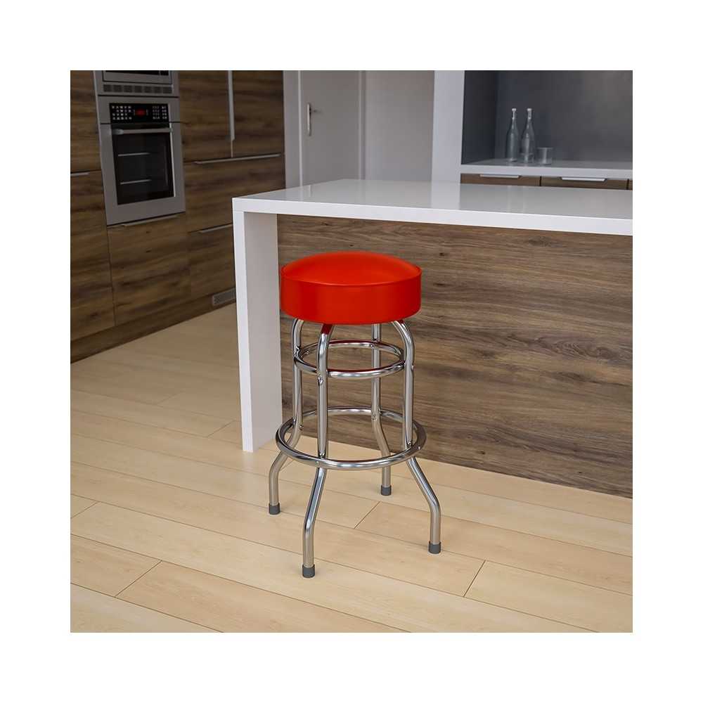 Double Ring Chrome Barstool with Red Seat