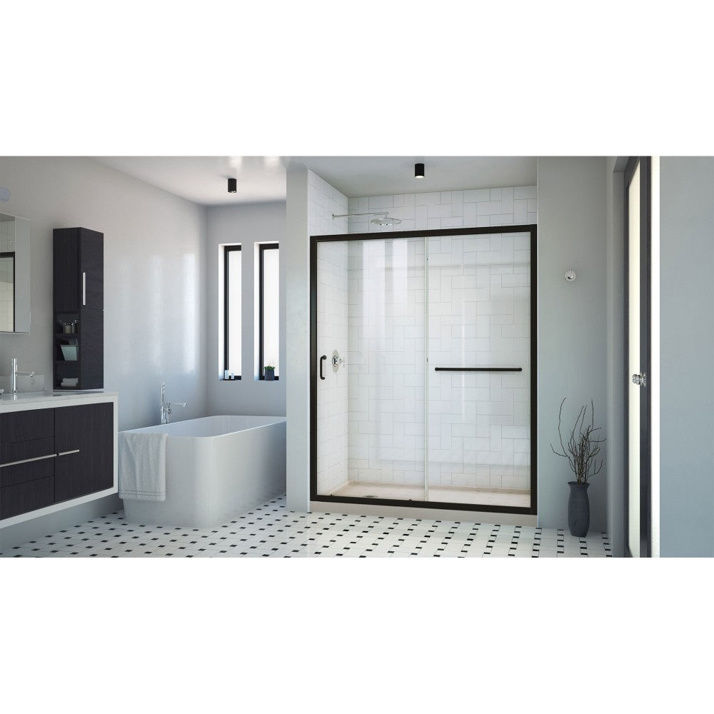 DreamLine Infinity-Z 30x60x74 3/4 Clear Sliding Shower Door in Satin Black, Left Drain Biscuit Base