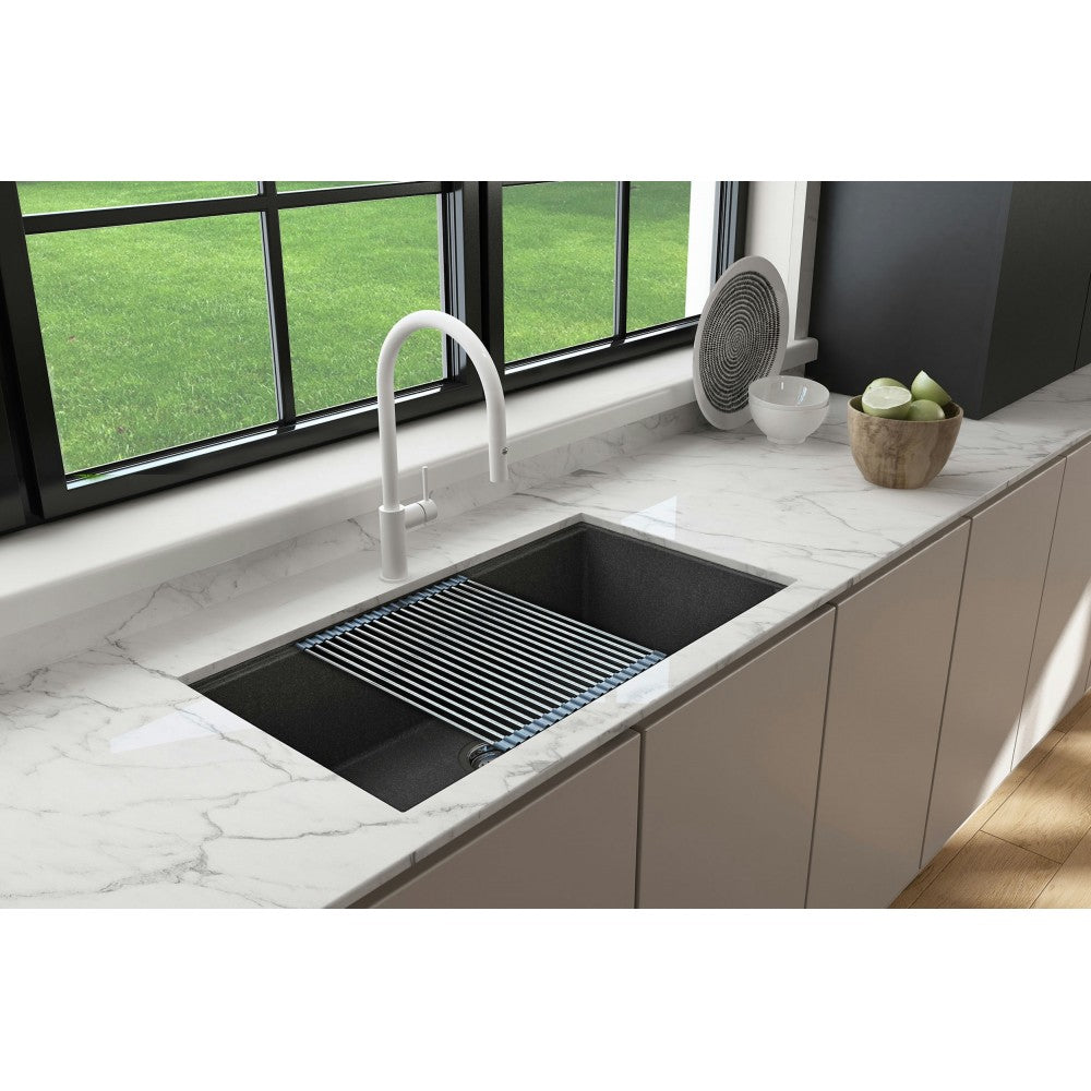 Dual-Mount 34 in. Granite Composite Kitchen Sink with Integrated Workstation, Metallic Black