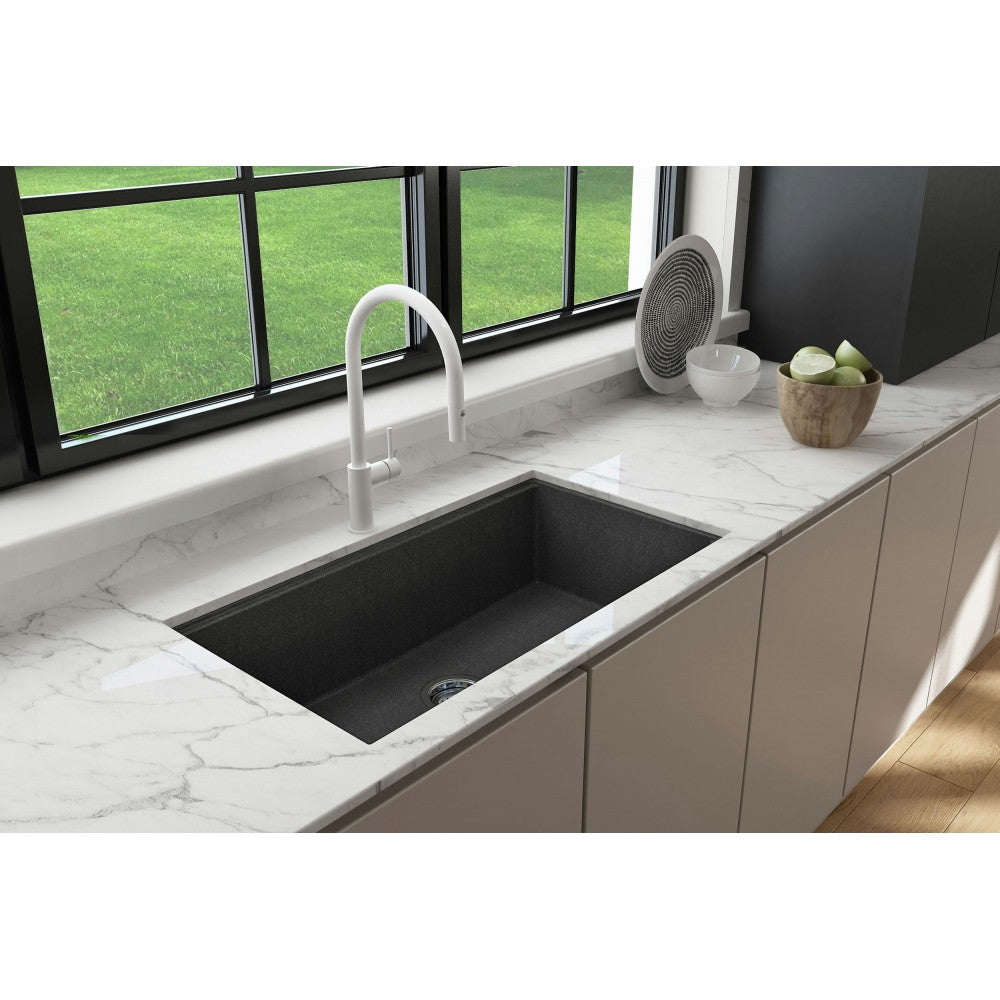 Dual-Mount 34 in. Granite Composite Kitchen Sink with Integrated Workstation, Metallic Black