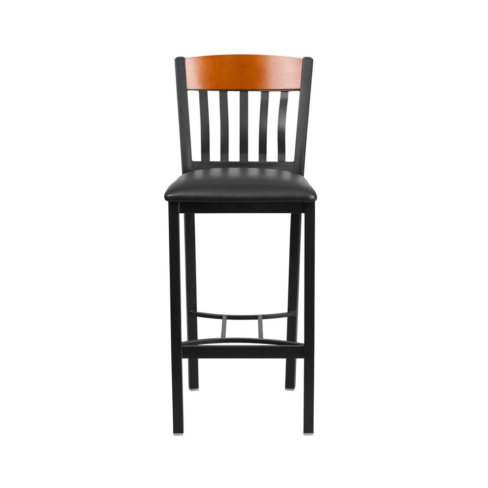 Eclipse Series Vertical Back Black Metal and Cherry Wood Restaurant Barstool with Black Vinyl Seat