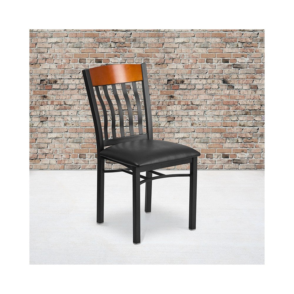 Eclipse Series Vertical Back Black Metal and Cherry Wood Restaurant Chair with Black Vinyl Seat
