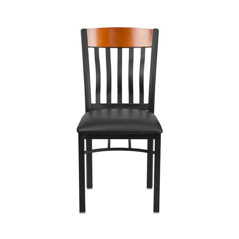 Eclipse Series Vertical Back Black Metal and Cherry Wood Restaurant Chair with Black Vinyl Seat
