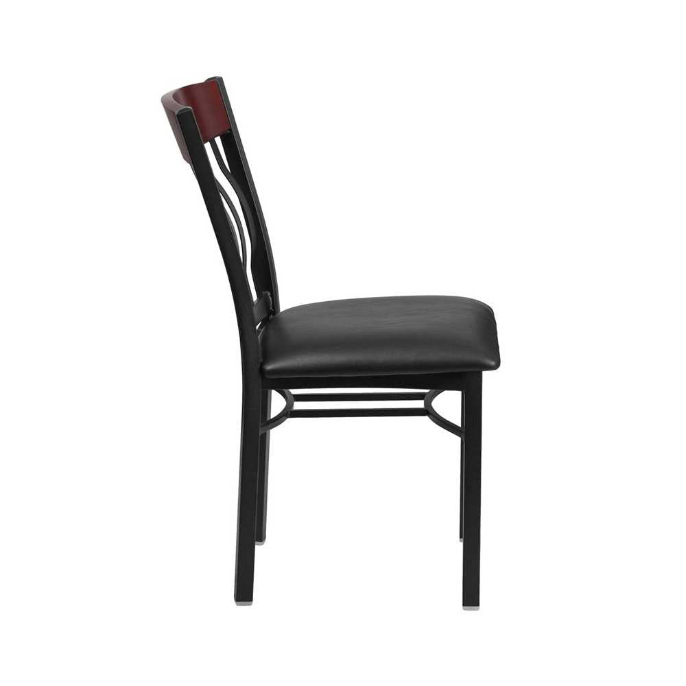 Eclipse Series Vertical Back Black Metal and Mahogany Wood Restaurant Chair with Black Vinyl Seat