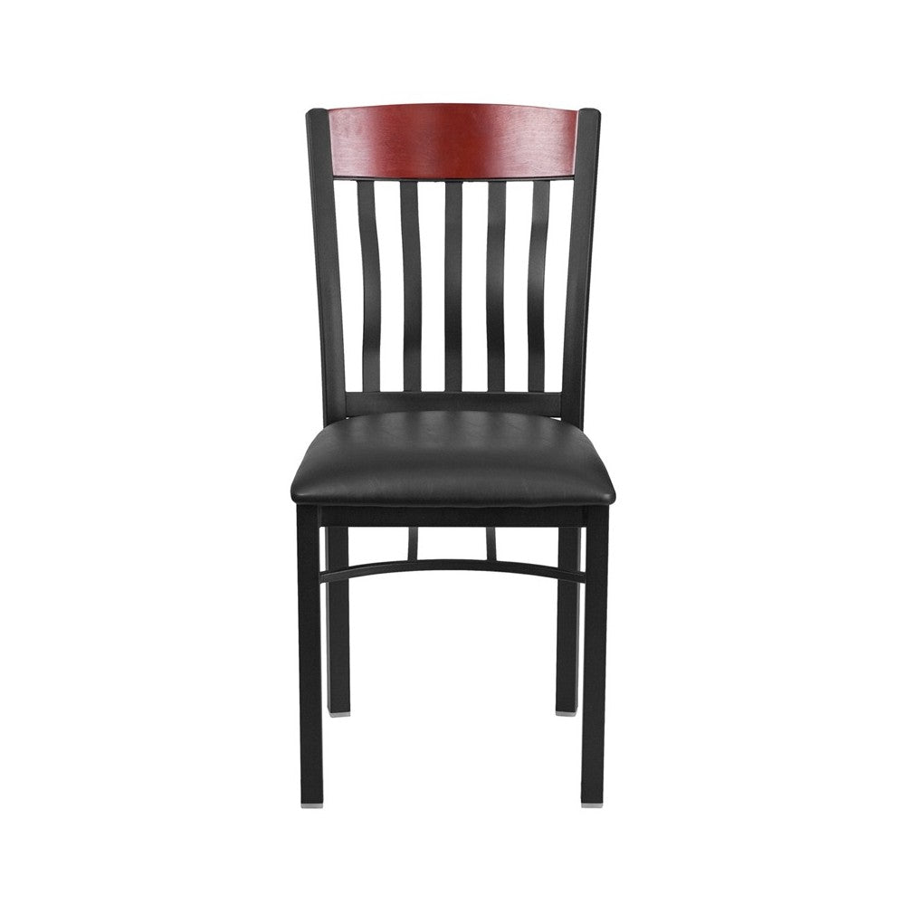 Eclipse Series Vertical Back Black Metal and Mahogany Wood Restaurant Chair with Black Vinyl Seat
