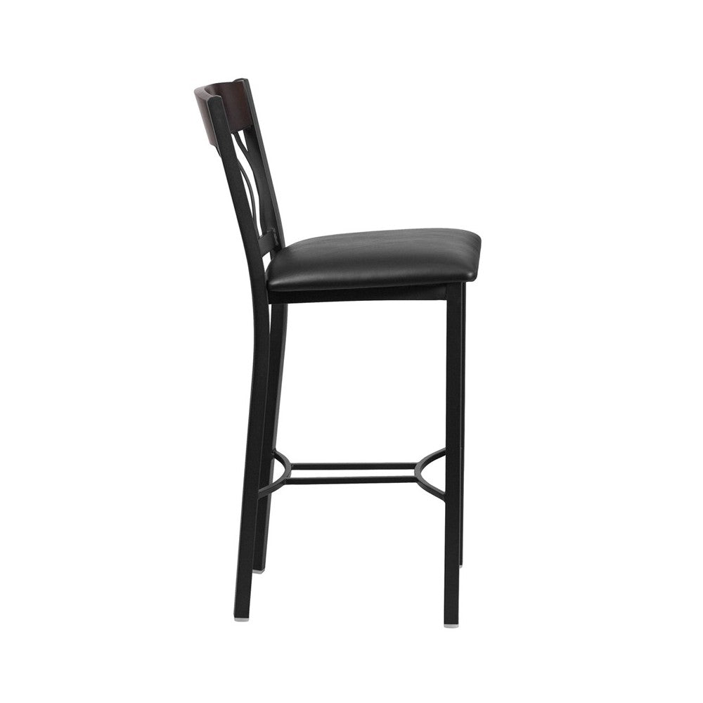 Eclipse Series Vertical Back Black Metal and Walnut Wood Restaurant Barstool with Black Vinyl Seat