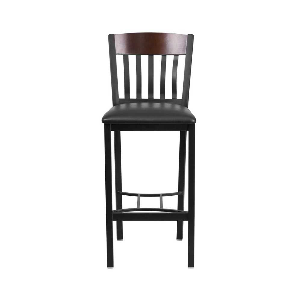Eclipse Series Vertical Back Black Metal and Walnut Wood Restaurant Barstool with Black Vinyl Seat