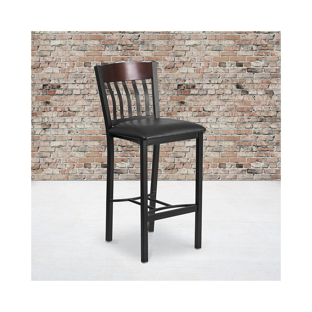 Eclipse Series Vertical Back Black Metal and Walnut Wood Restaurant Barstool with Black Vinyl Seat
