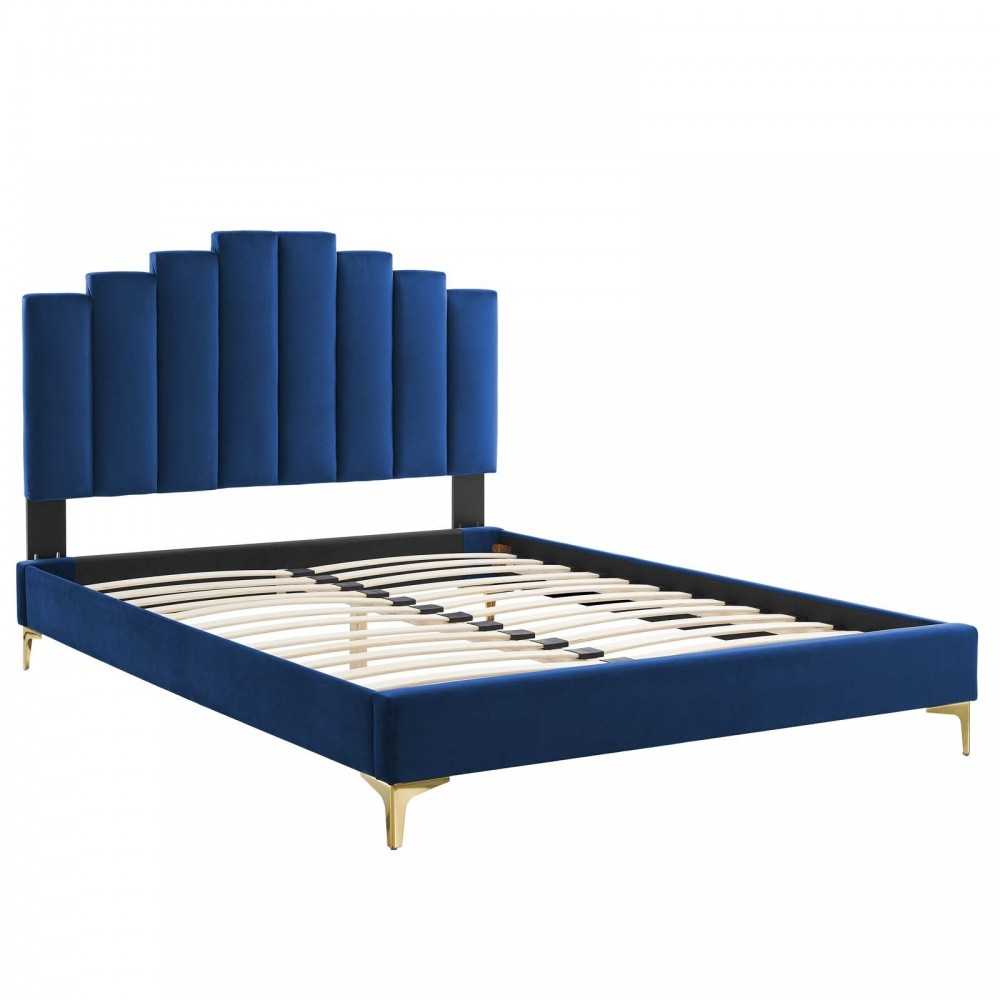 Elise Full Performance Velvet Platform Bed, Navy, MOD-6880-NAV