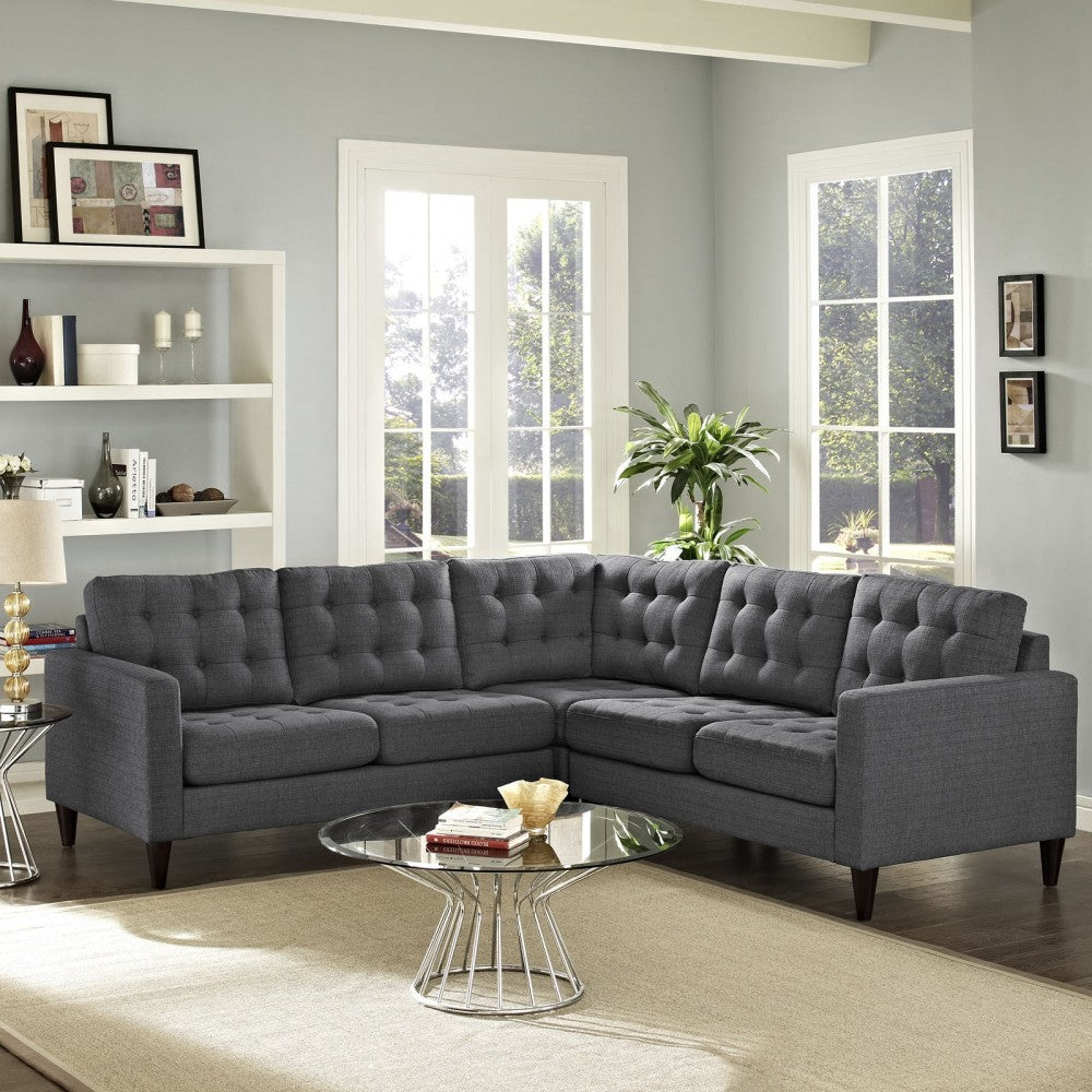 Empress 3 Piece Upholstered Fabric Sectional Sofa Set, Gray