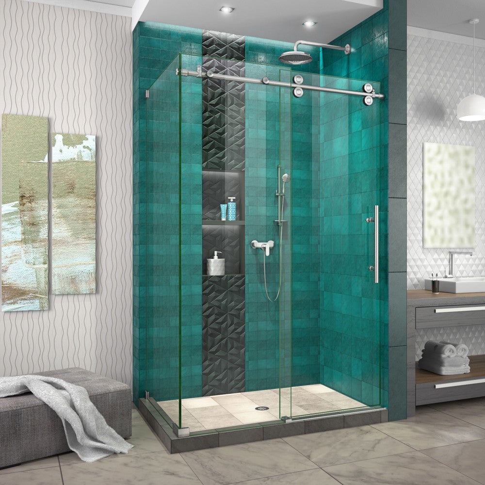 Enigma-XO 34 1/2 in. D x 44 3/8-48 3/8 in. W x 76 in. H Frameless Shower Enclosure in Brushed Stainless Steel