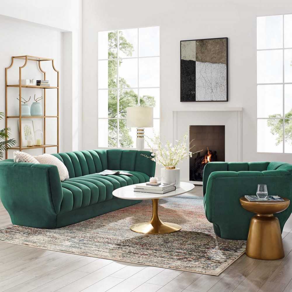 Entertain Vertical Channel Tufted Performance Velvet Sofa and Armchair Set, Green