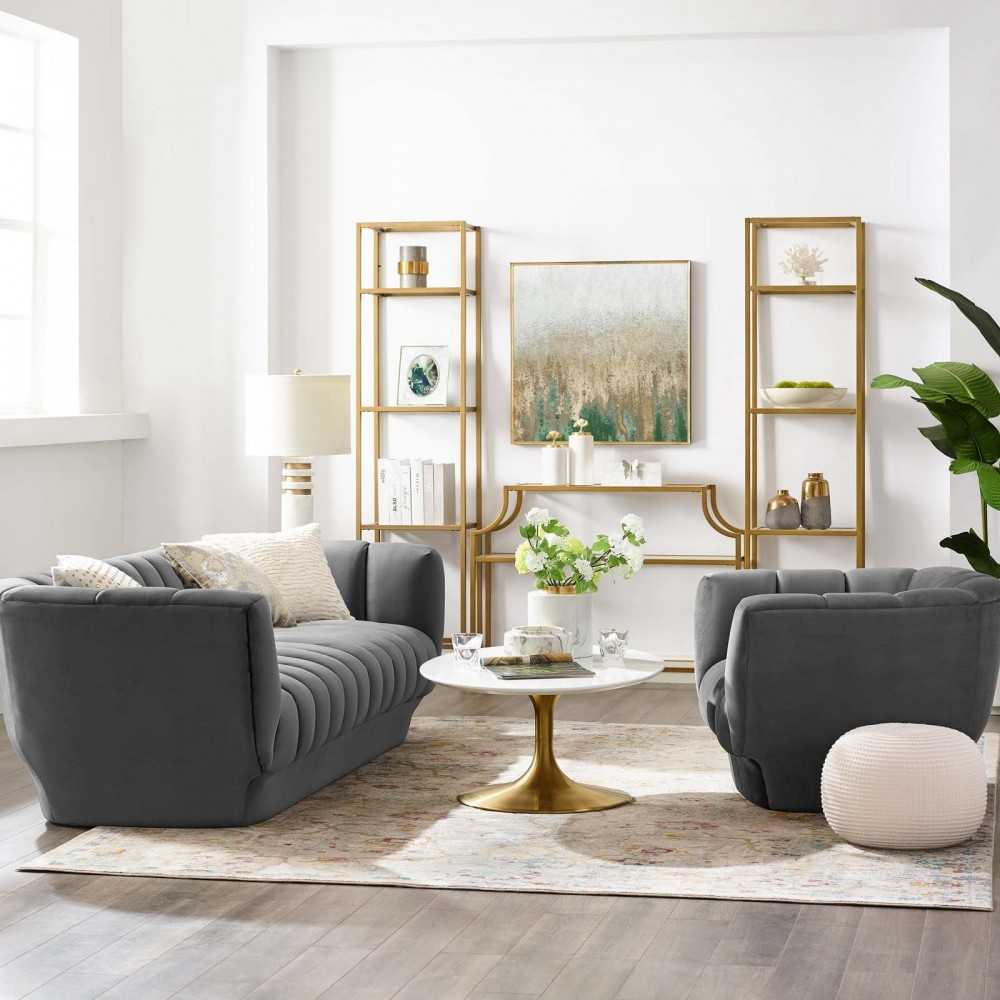Entertain Vertical Channel Tufted Performance Velvet Sofa and Armchair Set, Gray