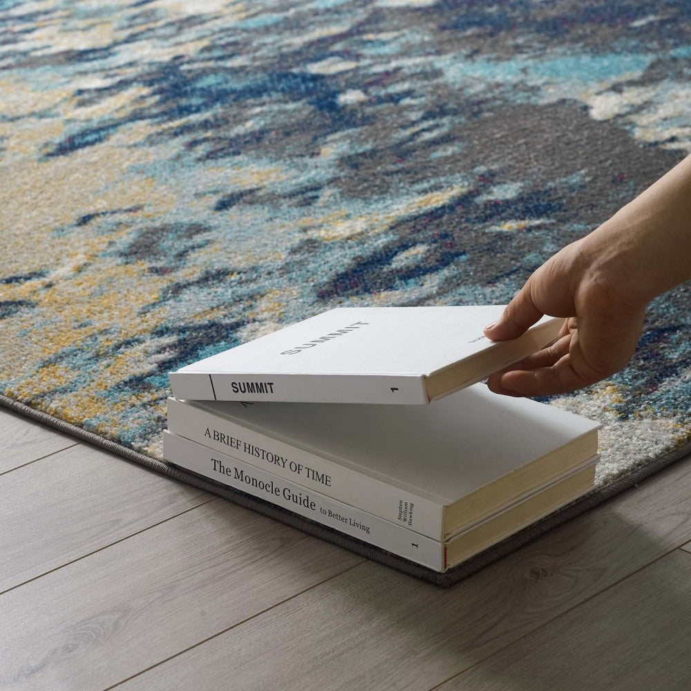 Entourage Foliage Contemporary Modern Abstract 5x8 Area Rug, Blue, Tan, Gray