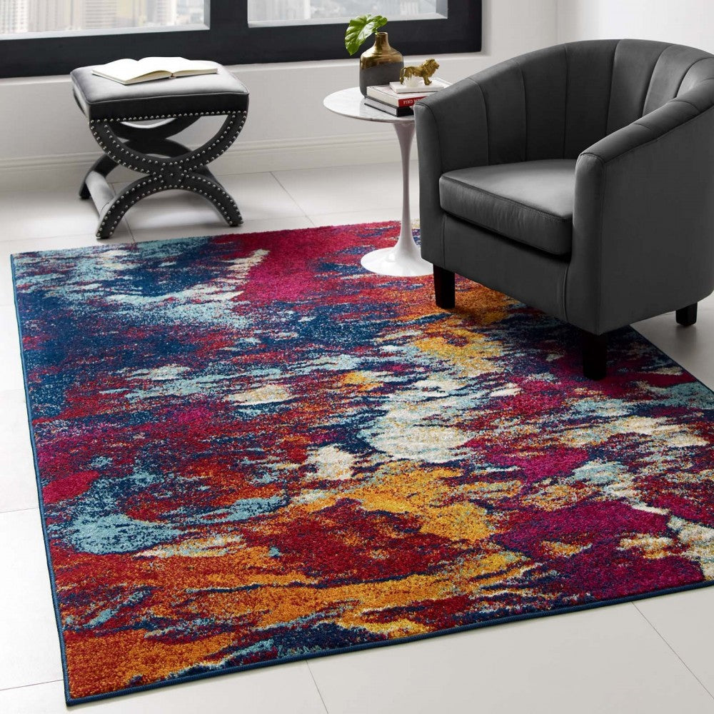 Entourage Foliage Contemporary Modern Abstract 5x8 Area Rug, Blue, Orange, Yellow, Red
